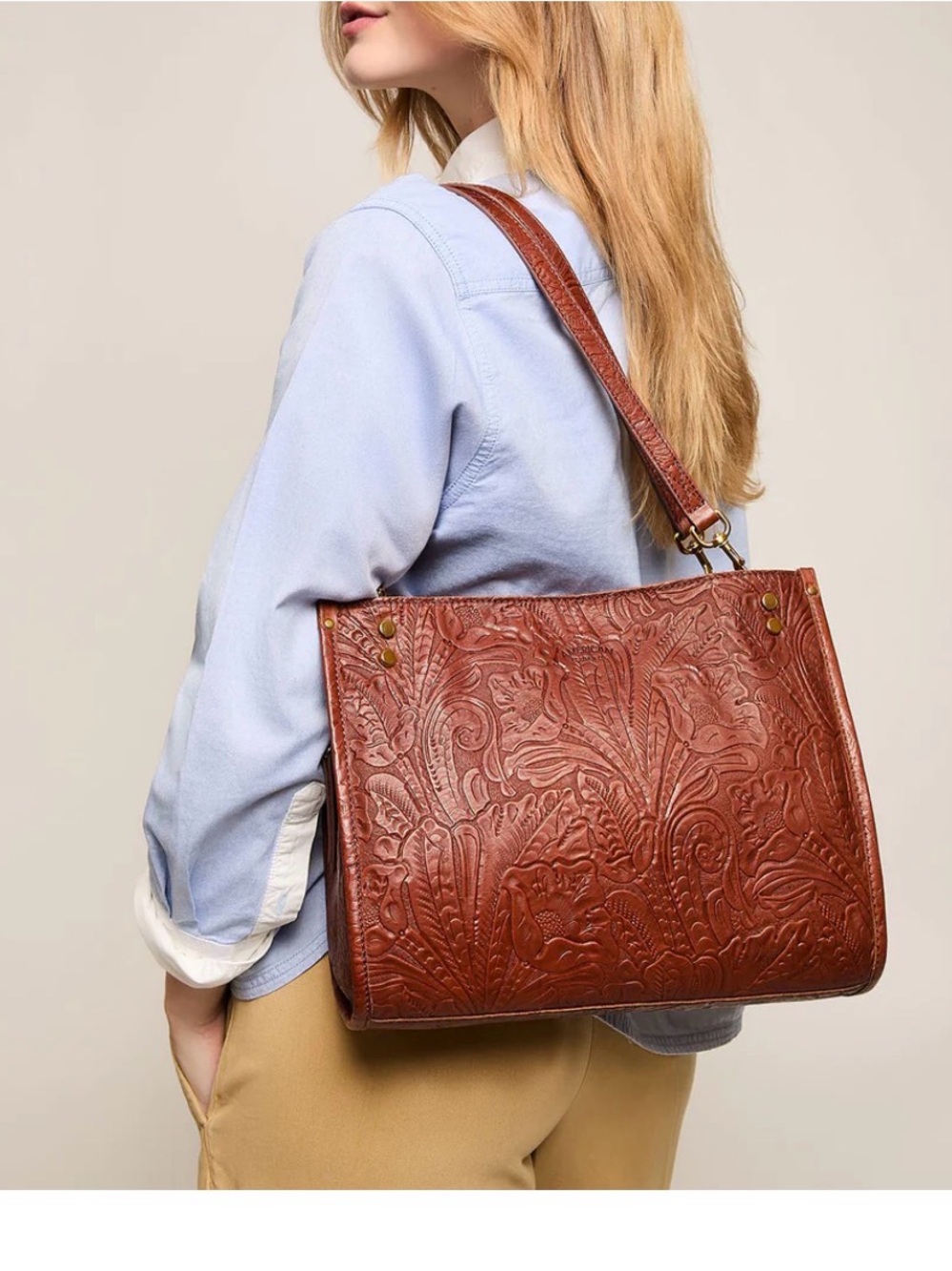 AMERICAN LEATHER CO Brandy Tooled Lenox Triple Entry Leather Tote Shoulder Bag